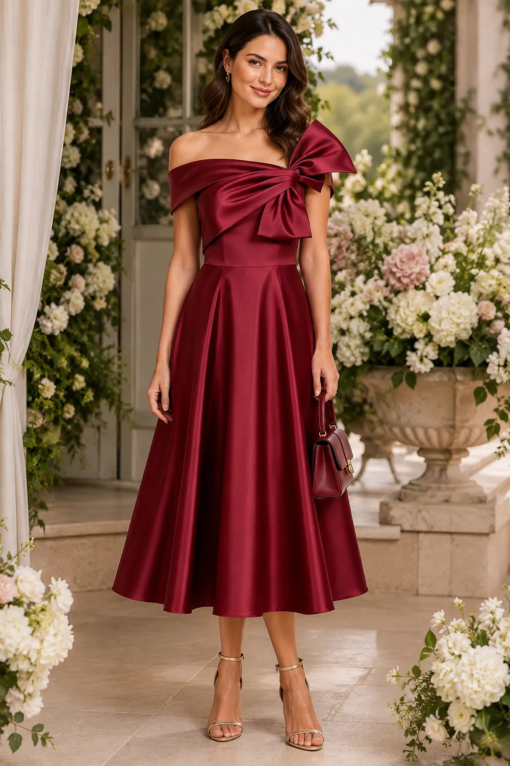 Aurelia Off Shoulder Bow Satin Midi Dress