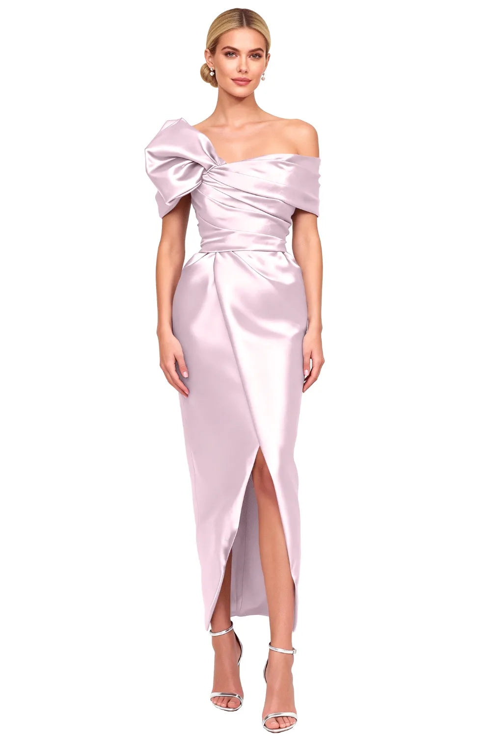 Asymmetrical Bow-Shoulder Cocktail Sheath Dress