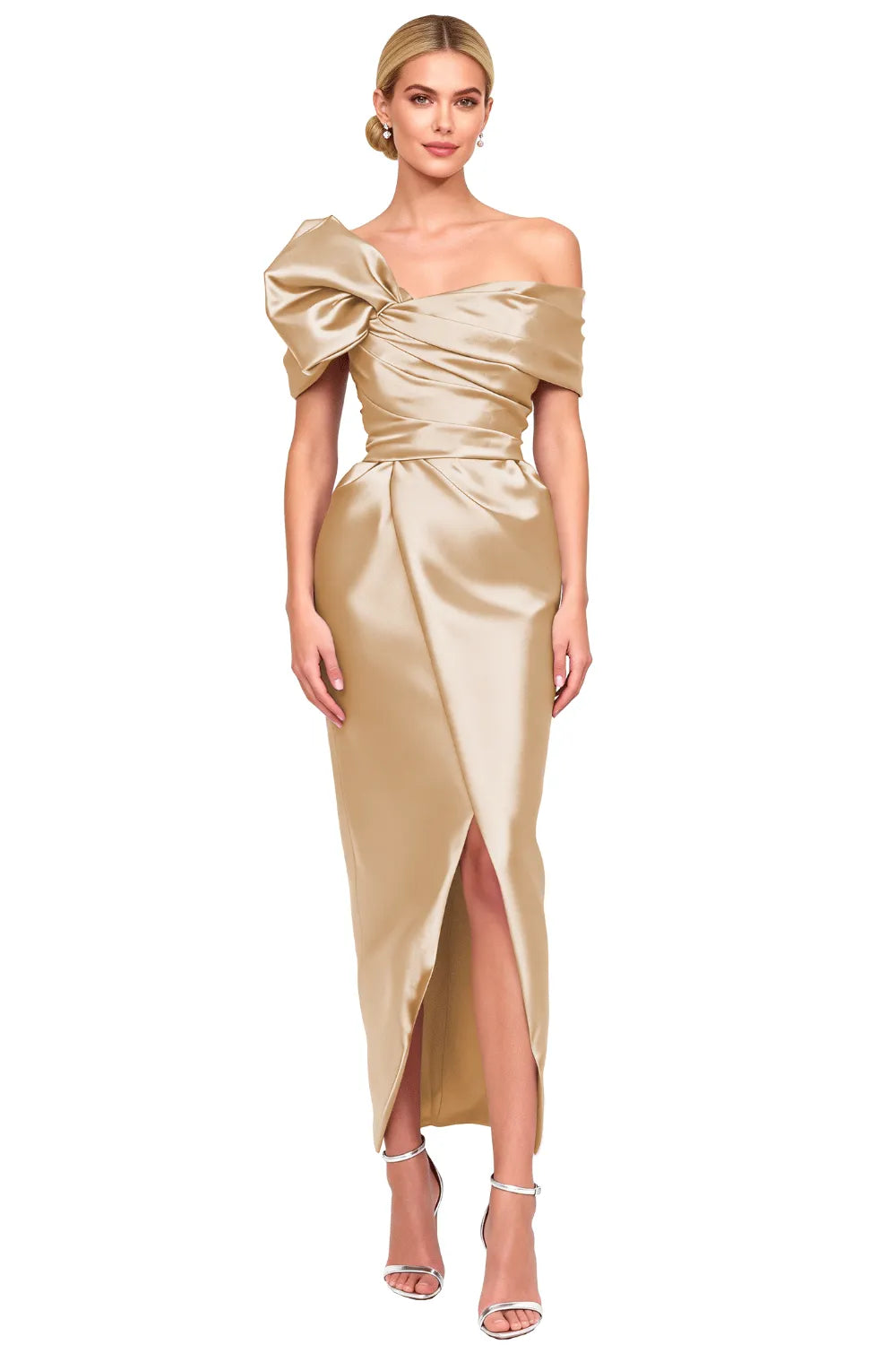 Asymmetrical Bow-Shoulder Cocktail Sheath Dress