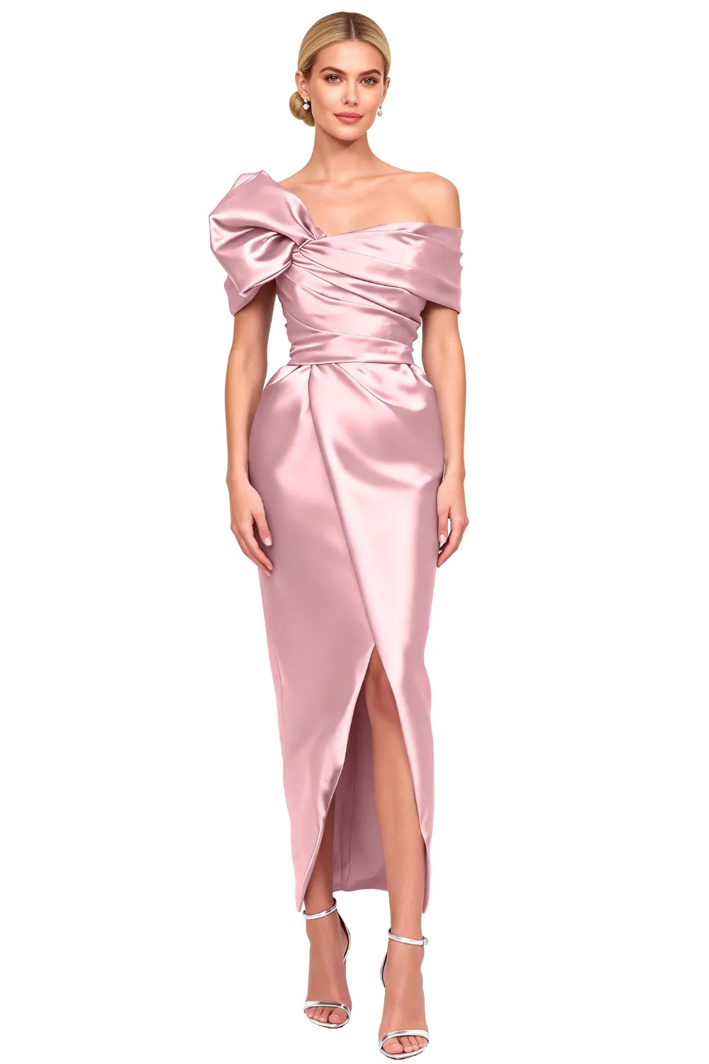 Asymmetrical Bow-Shoulder Cocktail Sheath Dress