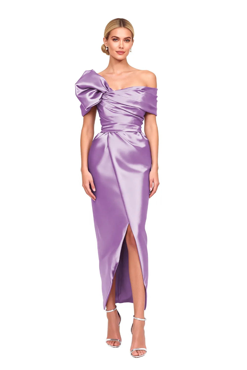 Asymmetrical Bow-Shoulder Cocktail Sheath Dress