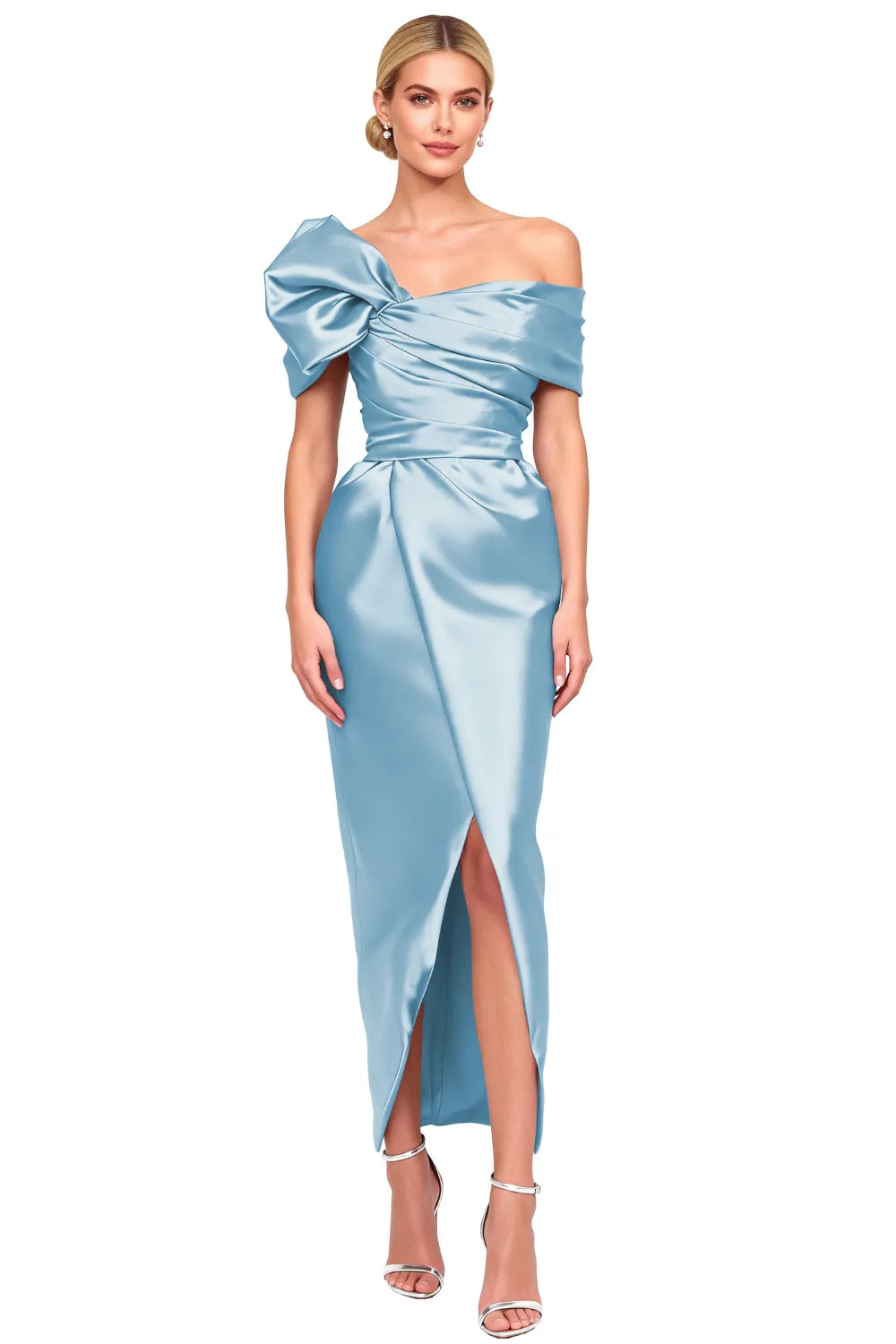 Asymmetrical Bow-Shoulder Cocktail Sheath Dress