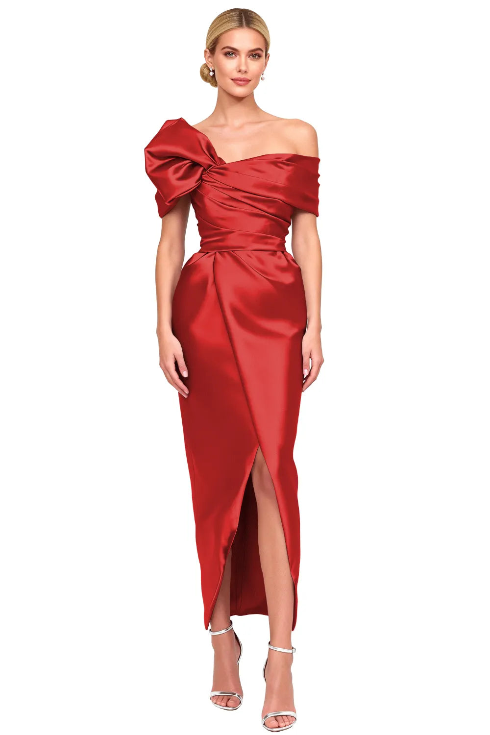 Asymmetrical Bow-Shoulder Cocktail Sheath Dress