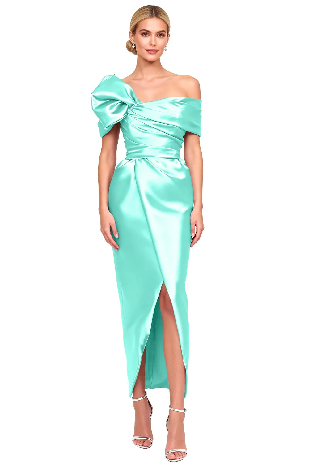 Asymmetrical Bow-Shoulder Cocktail Sheath Dress