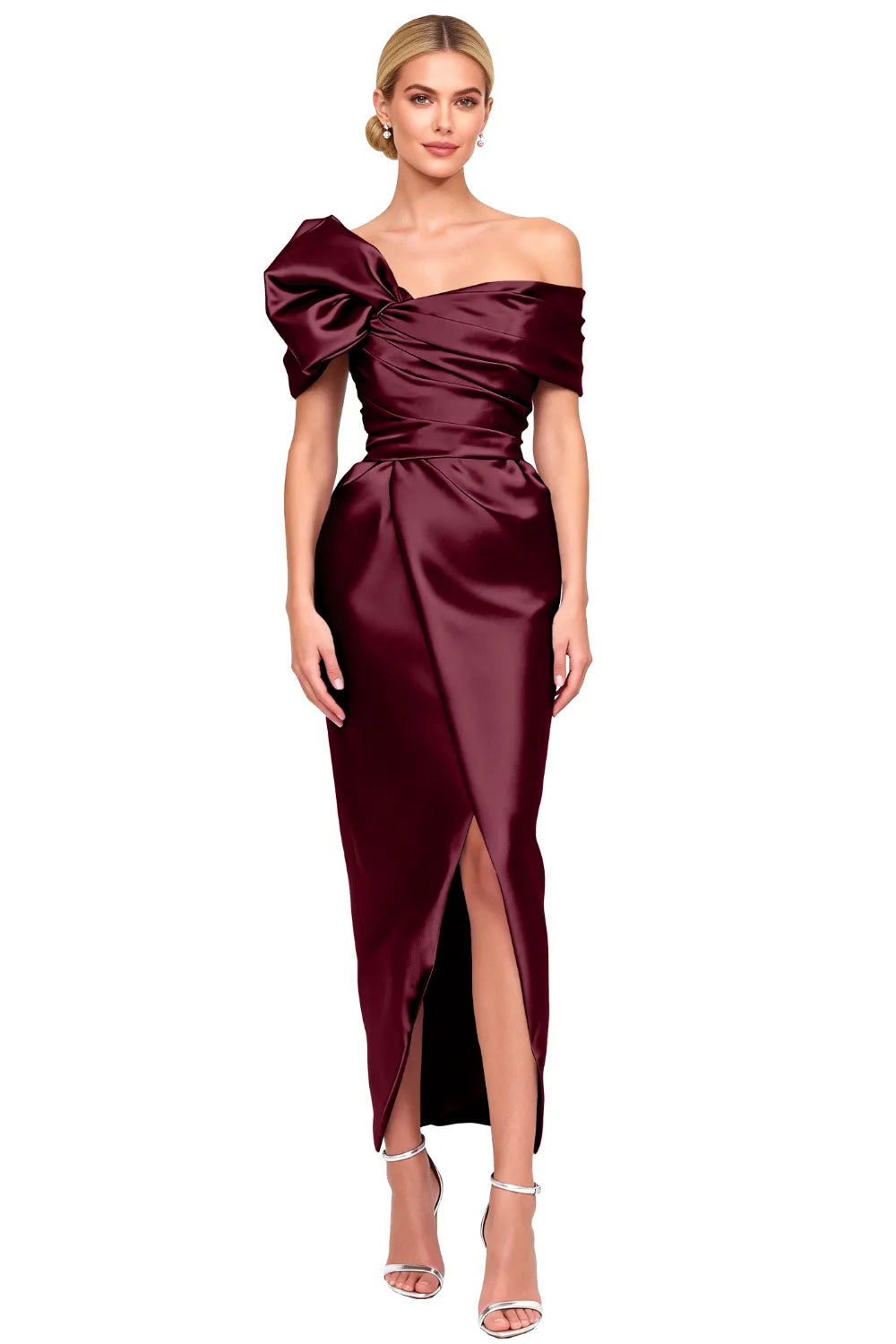 Asymmetrical Bow-Shoulder Cocktail Sheath Dress