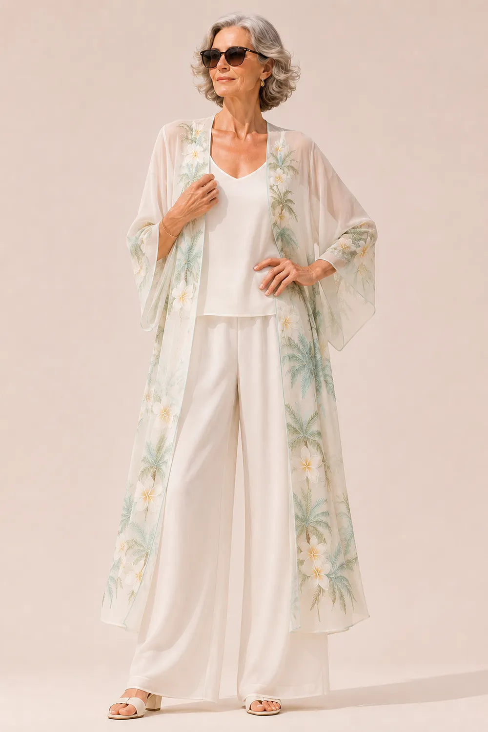 Sheer Floral Kimono Jacket Wide-Leg Pants Set