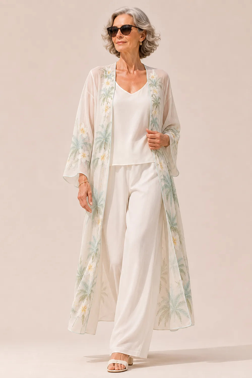 Sheer Floral Kimono Jacket Wide-Leg Pants Set
