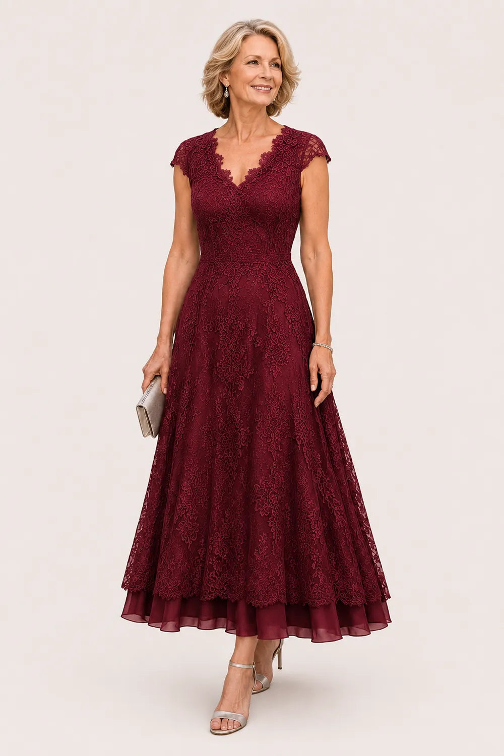 Scalloped V-Neck Lace Wedding Guest Dress