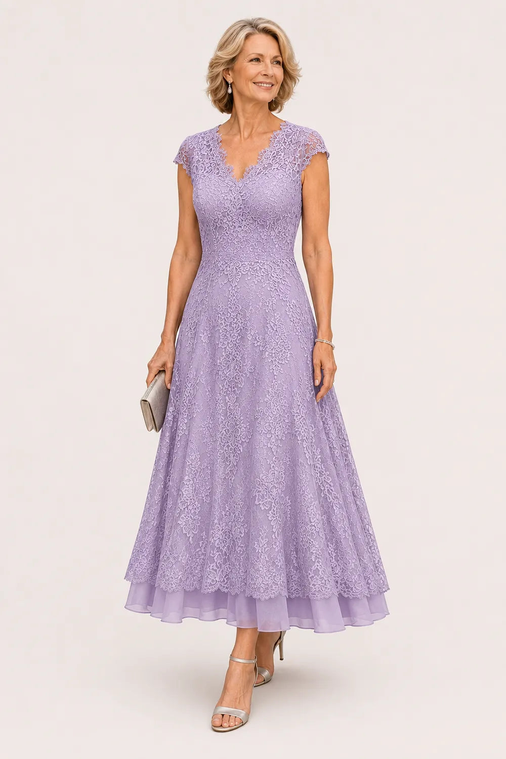 Scalloped V-Neck Lace Wedding Guest Dress