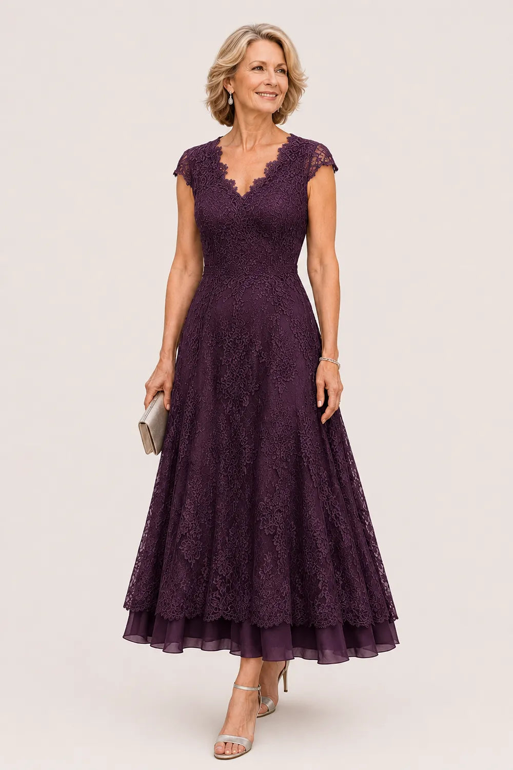Scalloped V-Neck Lace Wedding Guest Dress