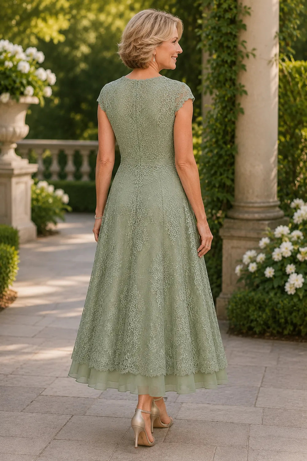 Scalloped V-Neck Lace Wedding Guest Dress
