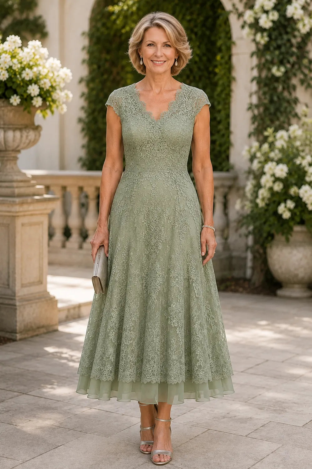 Scalloped V-Neck Lace Wedding Guest Dress
