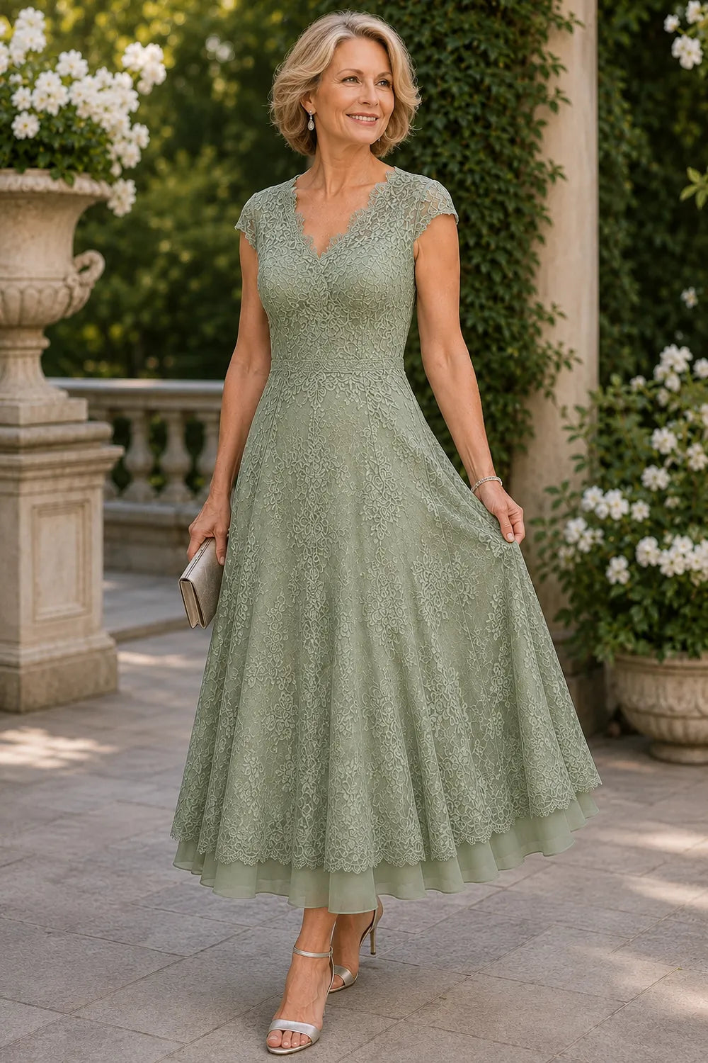 Scalloped V-Neck Lace Wedding Guest Dress