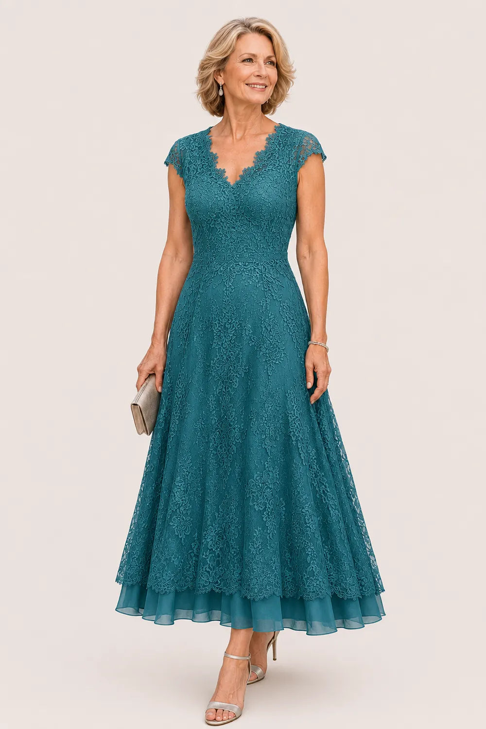 Scalloped V-Neck Lace Wedding Guest Dress
