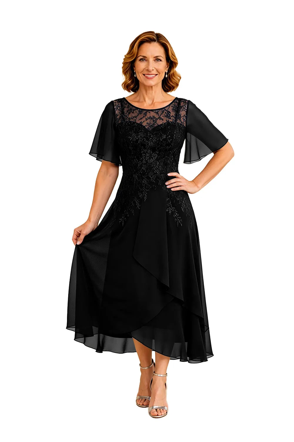 Lace Bodice Chiffon Wedding Guest Dress with V-Back