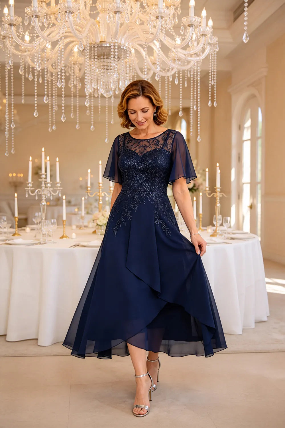 Lace Bodice Chiffon Wedding Guest Dress with V-Back