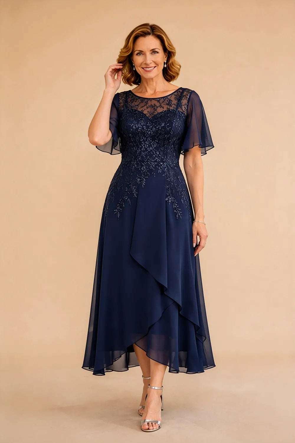 Lace Bodice Chiffon Wedding Guest Dress with V-Back
