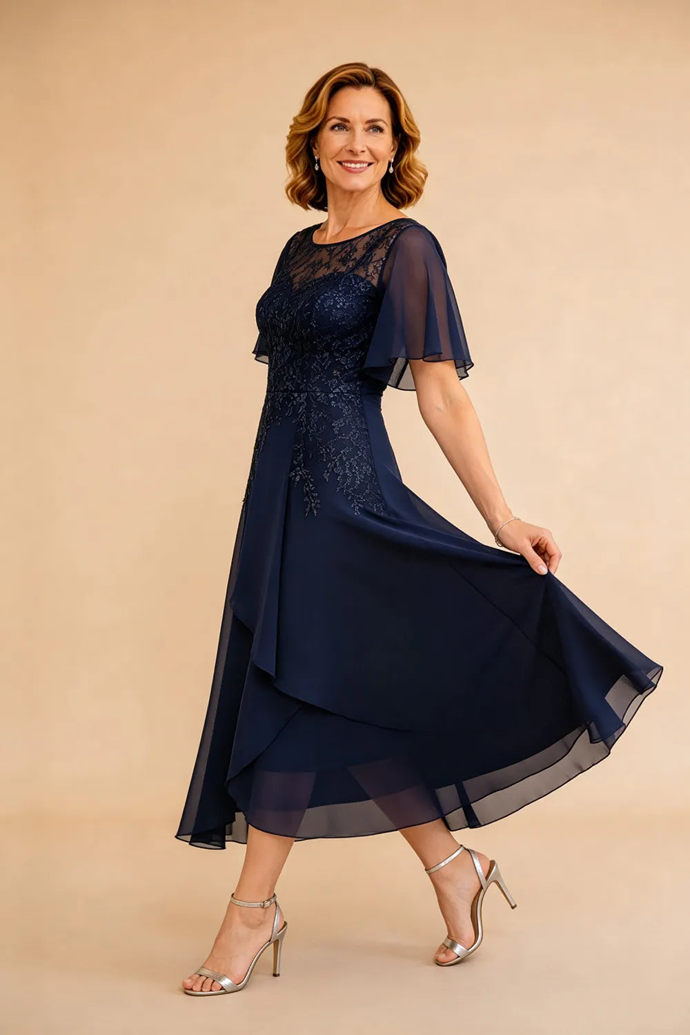 Lace Bodice Chiffon Wedding Guest Dress with V-Back