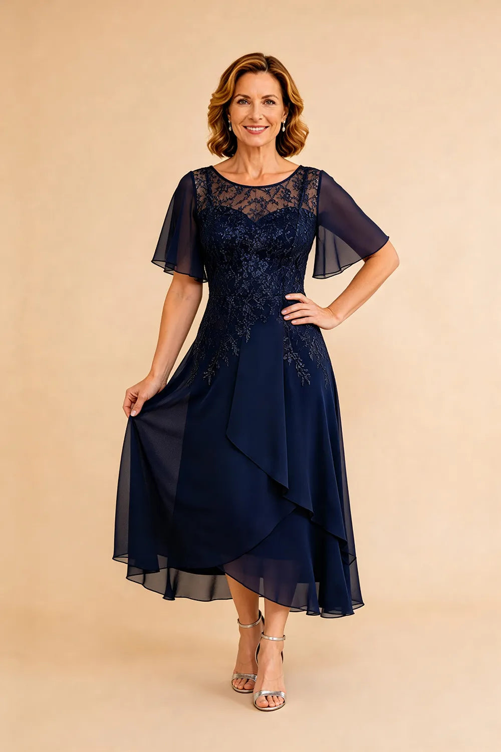 Lace Bodice Chiffon Wedding Guest Dress with V-Back