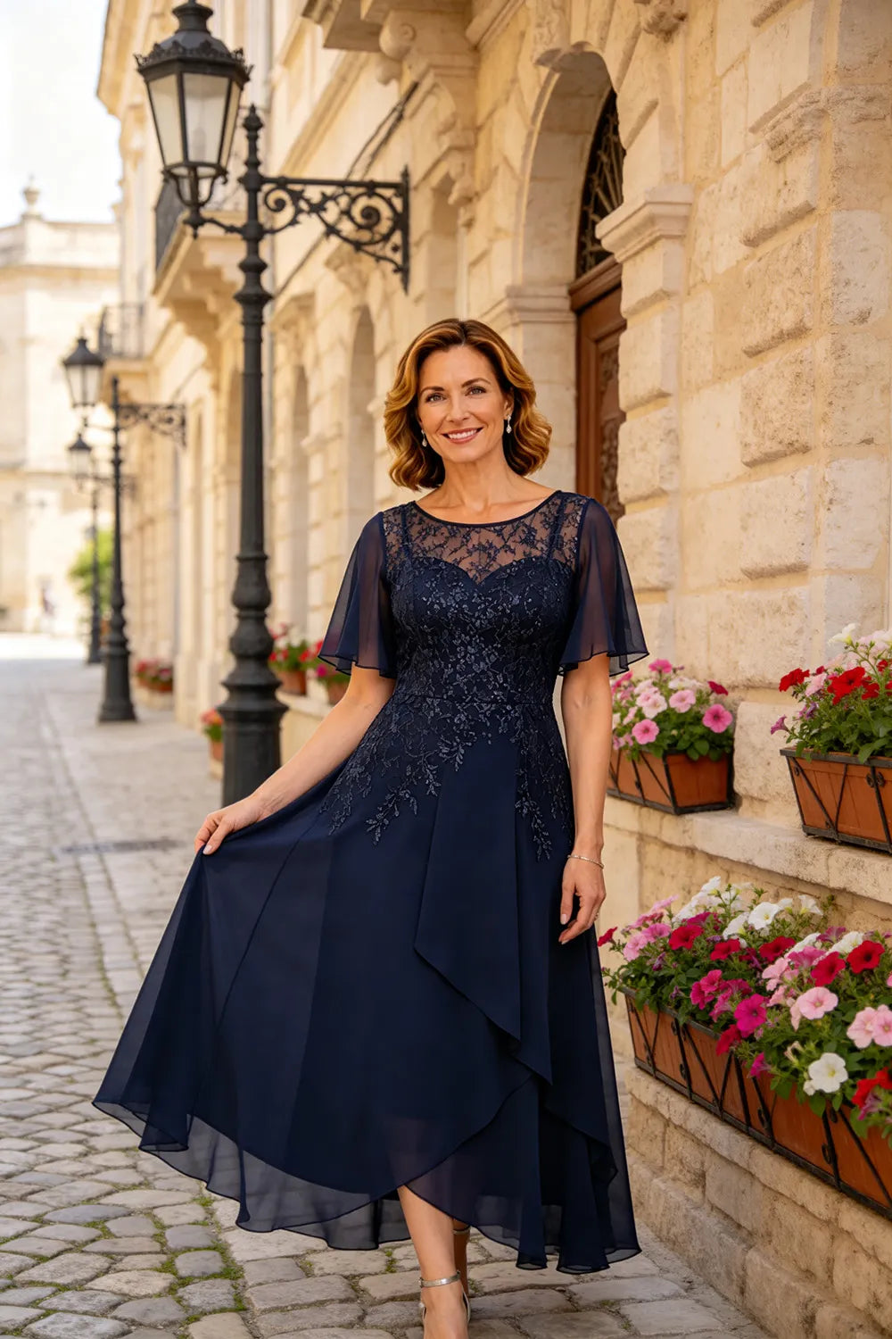 Lace Bodice Chiffon Wedding Guest Dress with V-Back