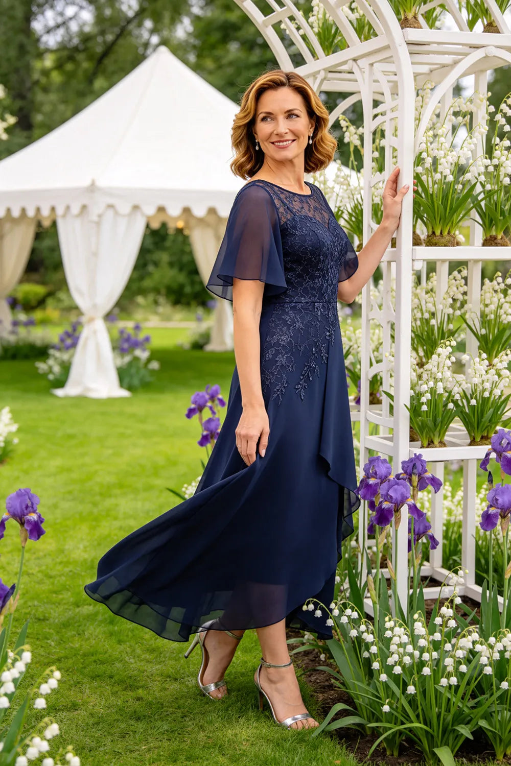 Lace Bodice Chiffon Wedding Guest Dress with V-Back