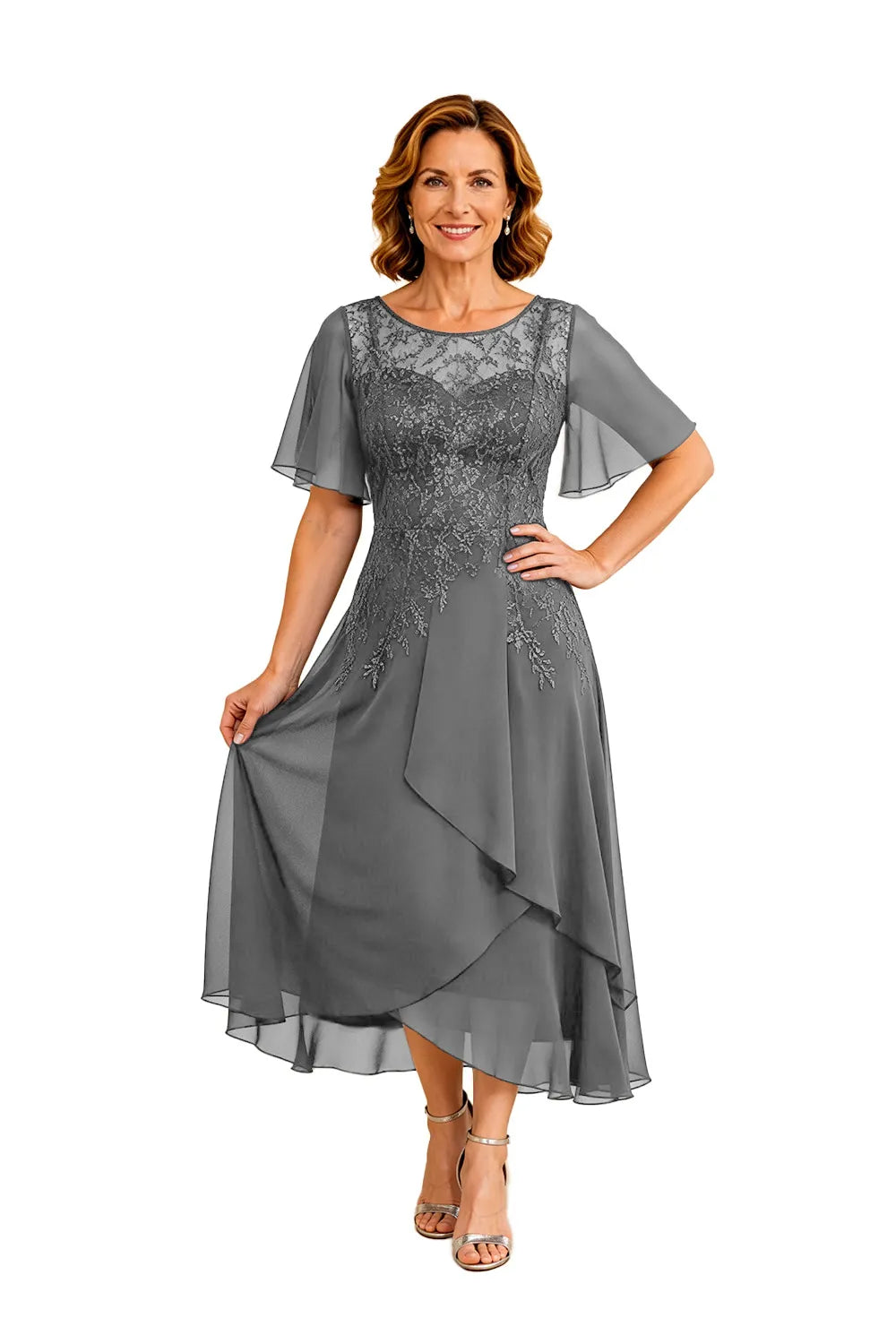 Lace Bodice Chiffon Wedding Guest Dress with V-Back