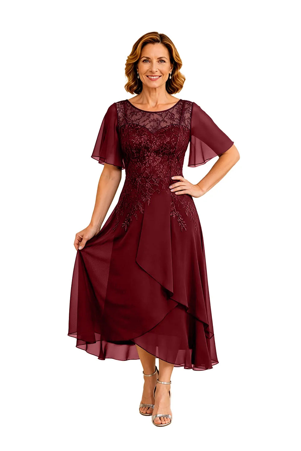 Lace Bodice Chiffon Wedding Guest Dress with V-Back