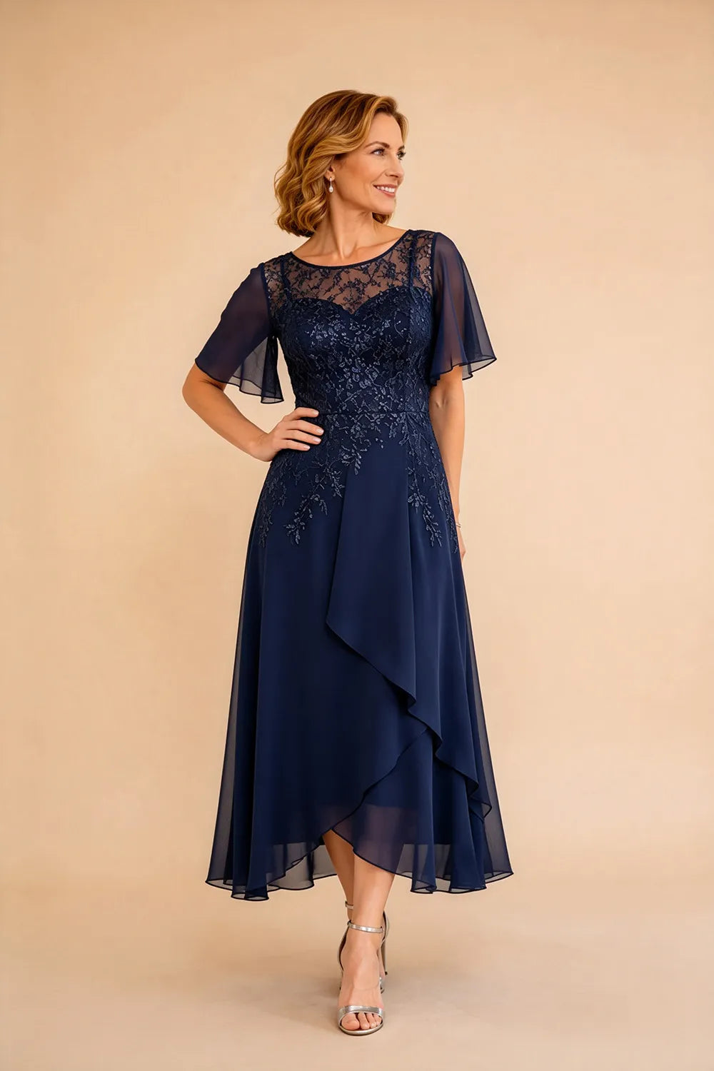 Lace Bodice Chiffon Wedding Guest Dress with V-Back