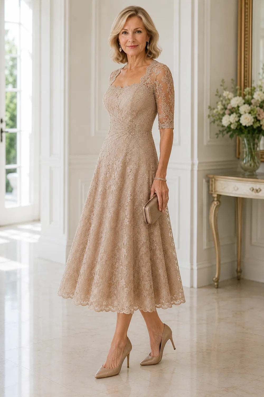 Sheer Lace Sleeve Tea Length Formal Dress