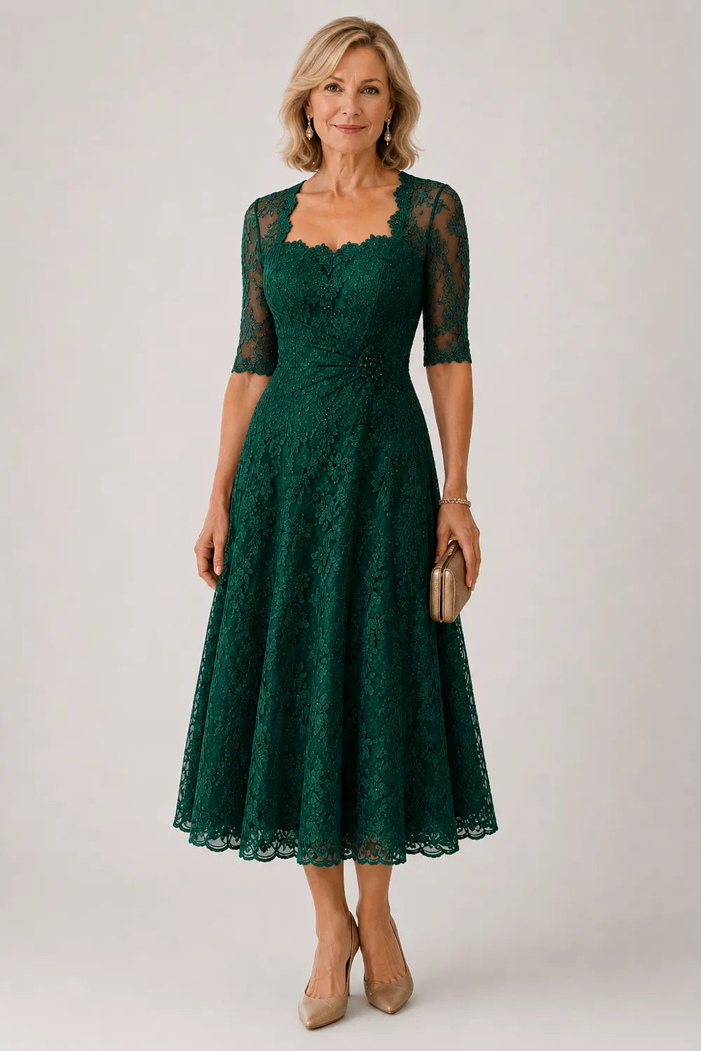 Sheer Lace Sleeve Tea Length Formal Dress