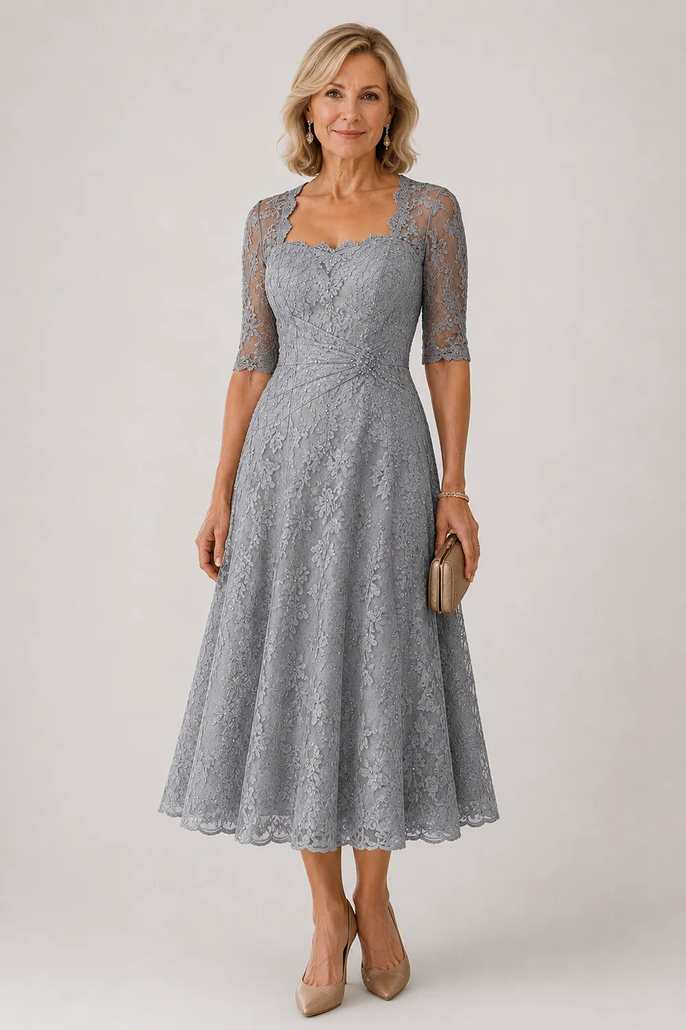 Sheer Lace Sleeve Tea Length Formal Dress