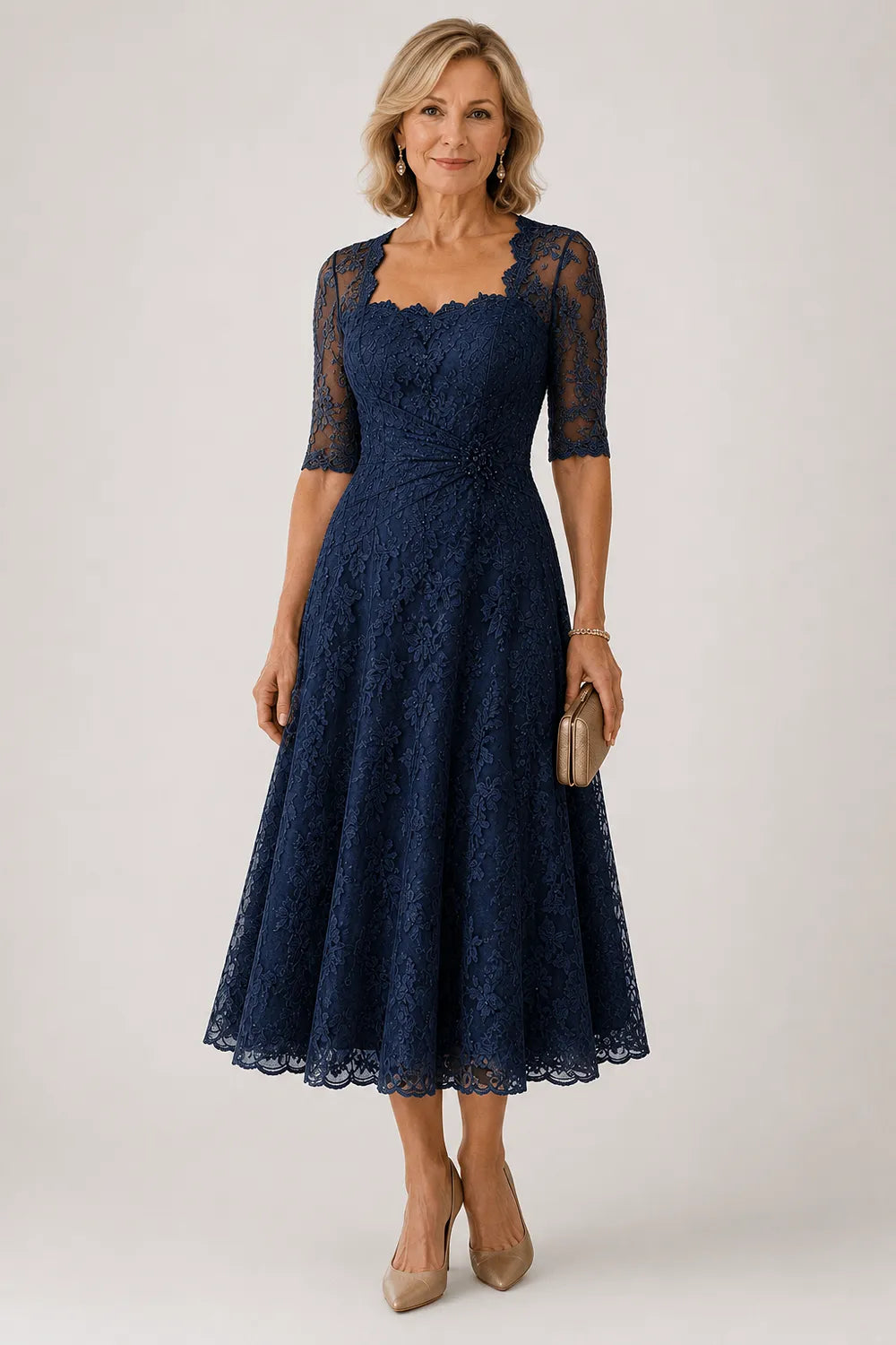 Sheer Lace Sleeve Tea Length Formal Dress