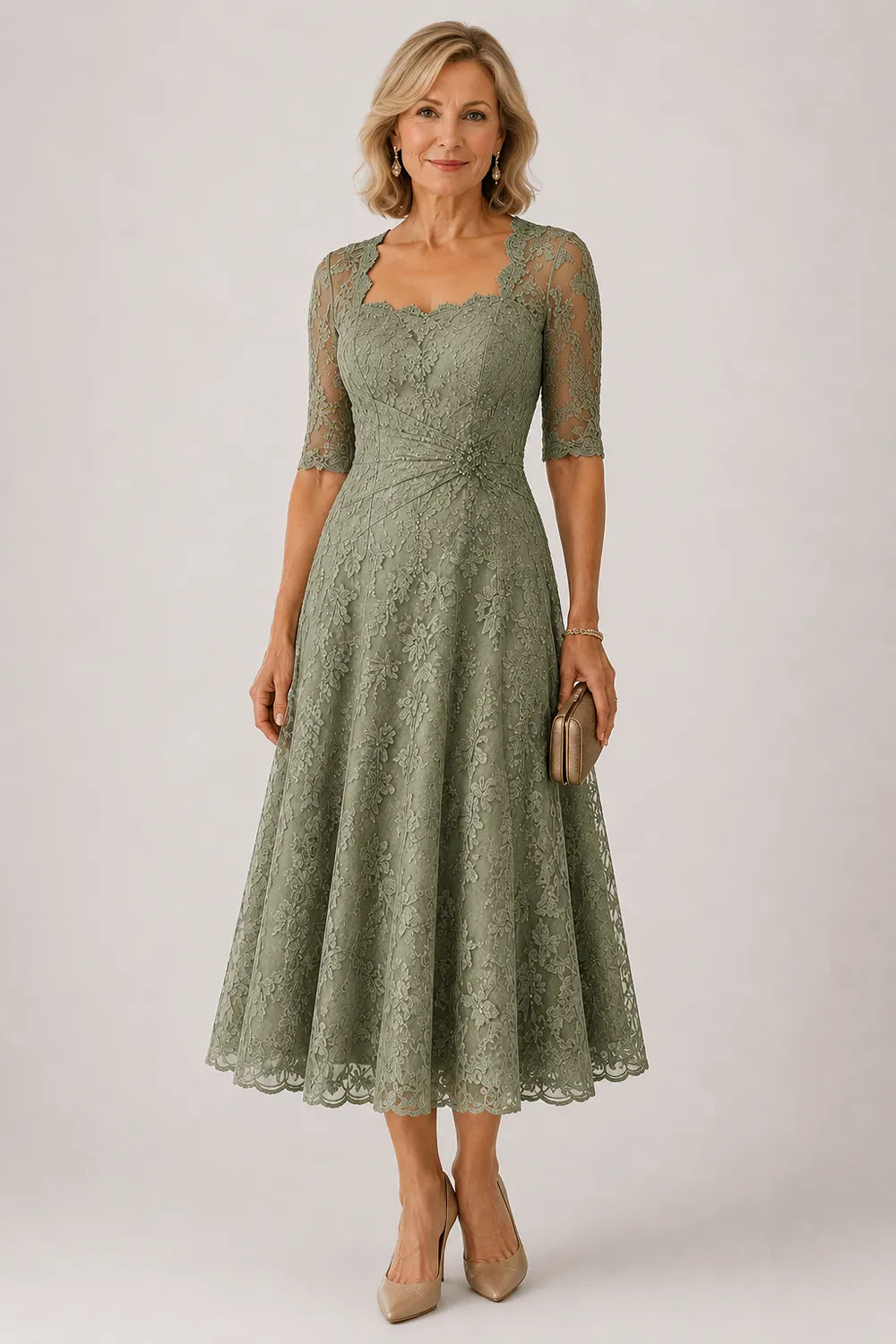 Sheer Lace Sleeve Tea Length Formal Dress