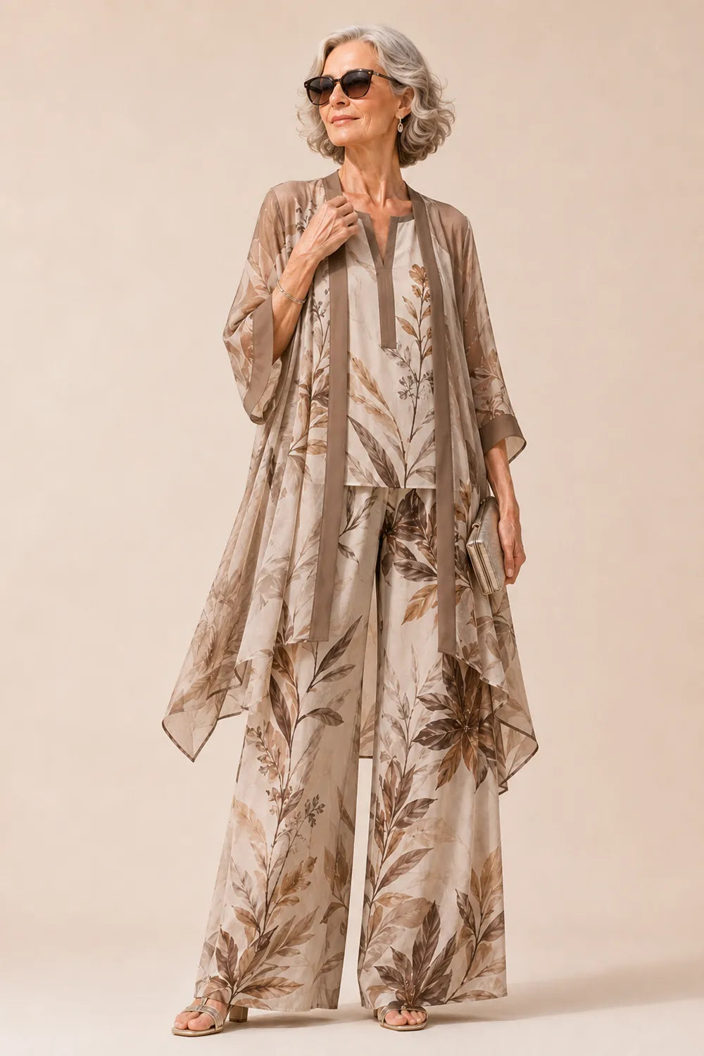 Botanical Chiffon Three-Piece Wide-Leg Pant Set