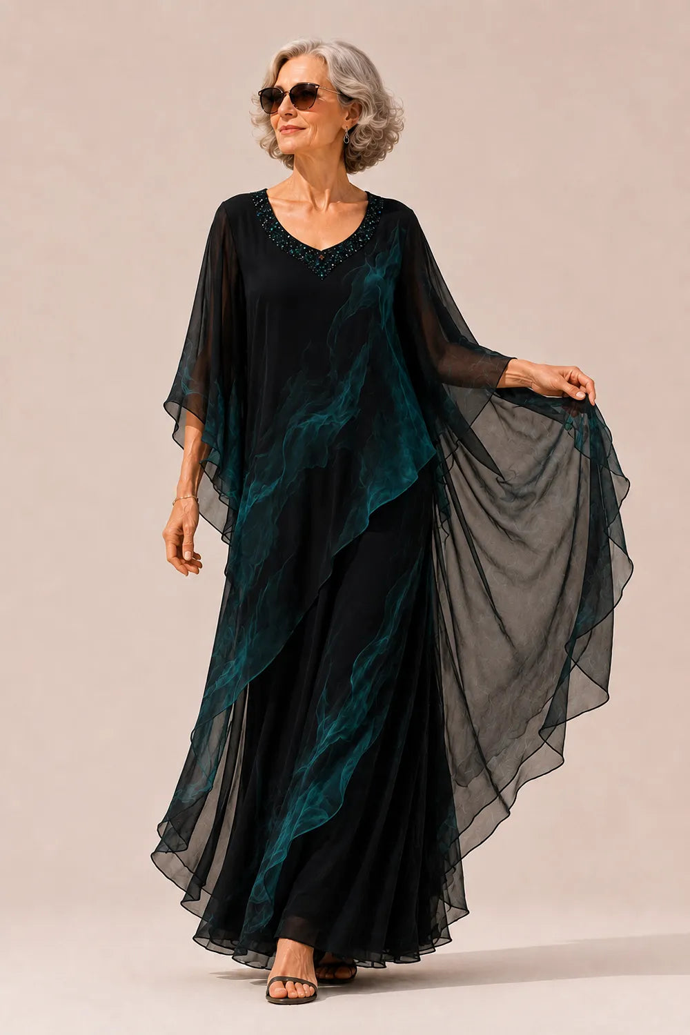 Embellished V-Neck Chiffon Cape Evening Gown
