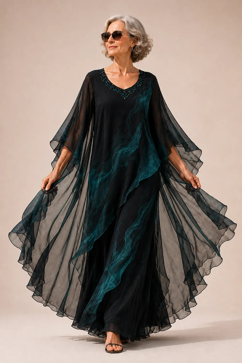 Embellished V-Neck Chiffon Cape Evening Gown