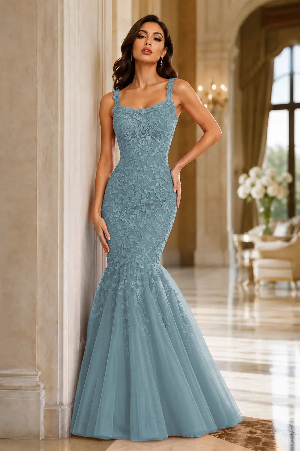 Floral Embroidered Fishtail Dress