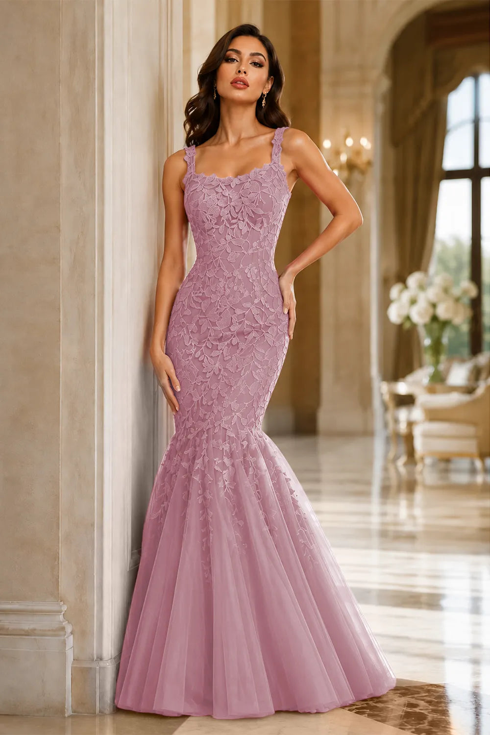 Floral Embroidered Fishtail Dress