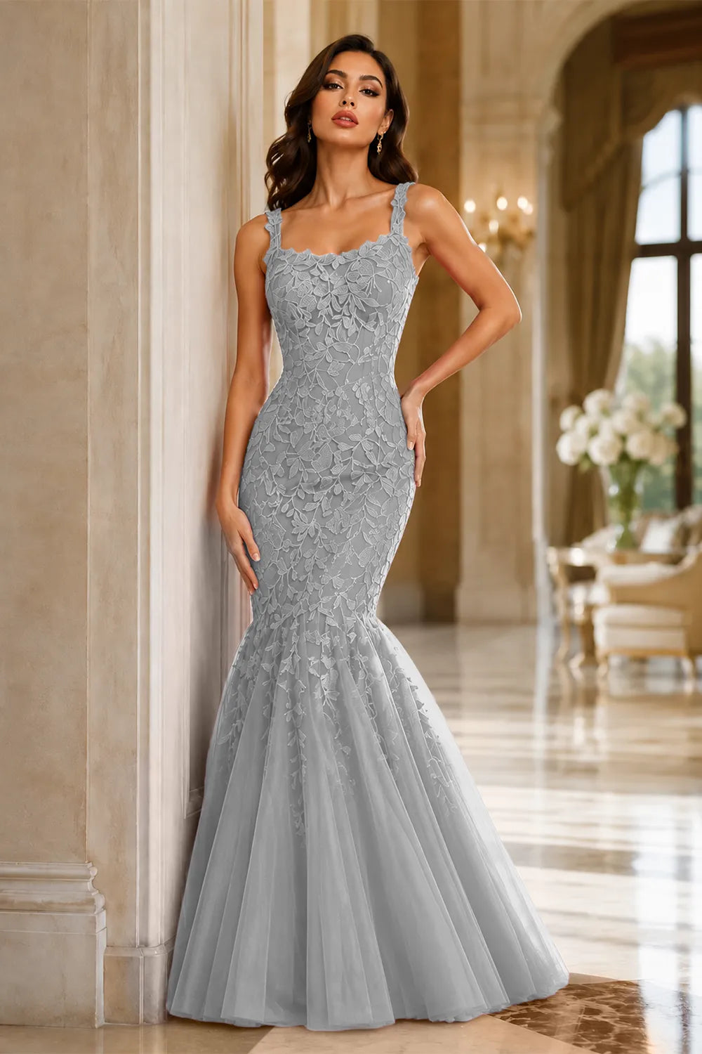 Floral Embroidered Fishtail Dress