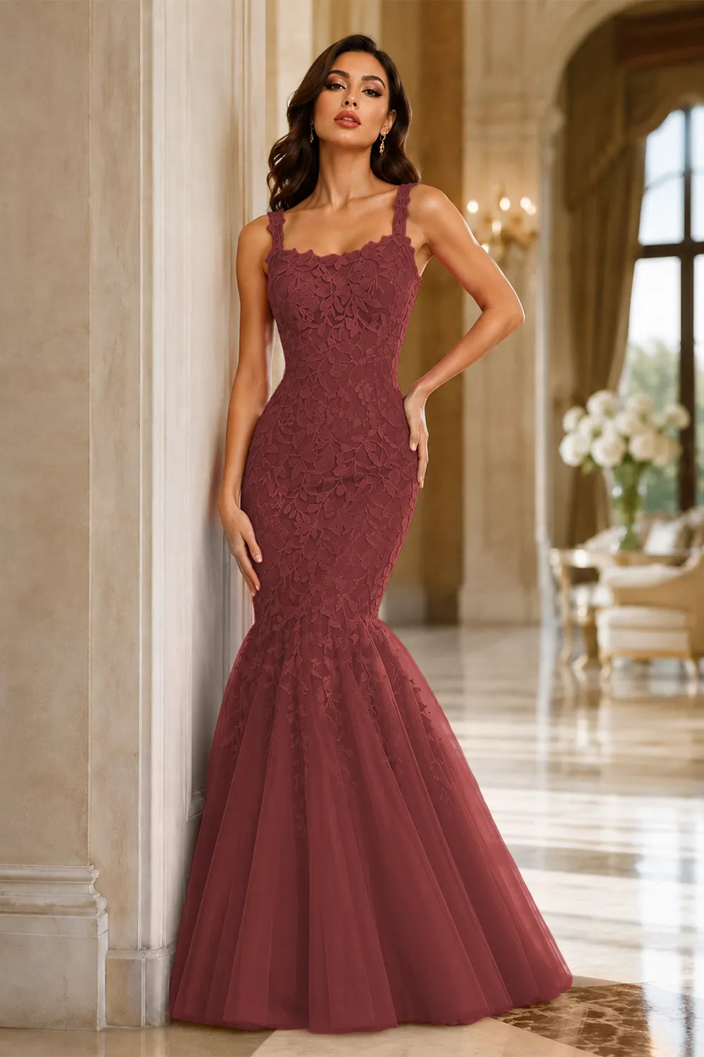 Floral Embroidered Fishtail Dress