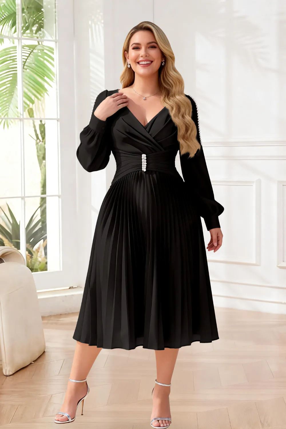 Elegant Pearl-Trim Pleated Midi Dress