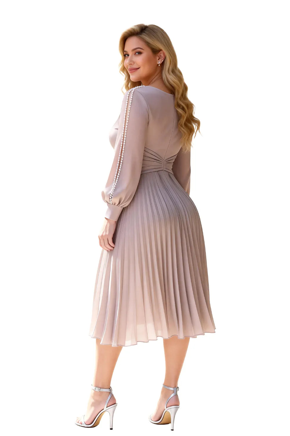 Elegant Pearl-Trim Pleated Midi Dress