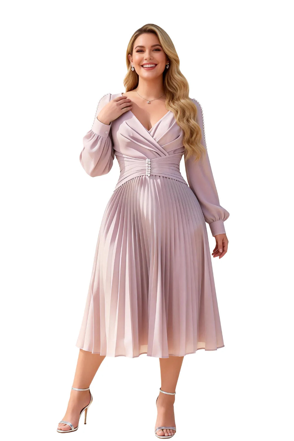 Elegant Pearl-Trim Pleated Midi Dress