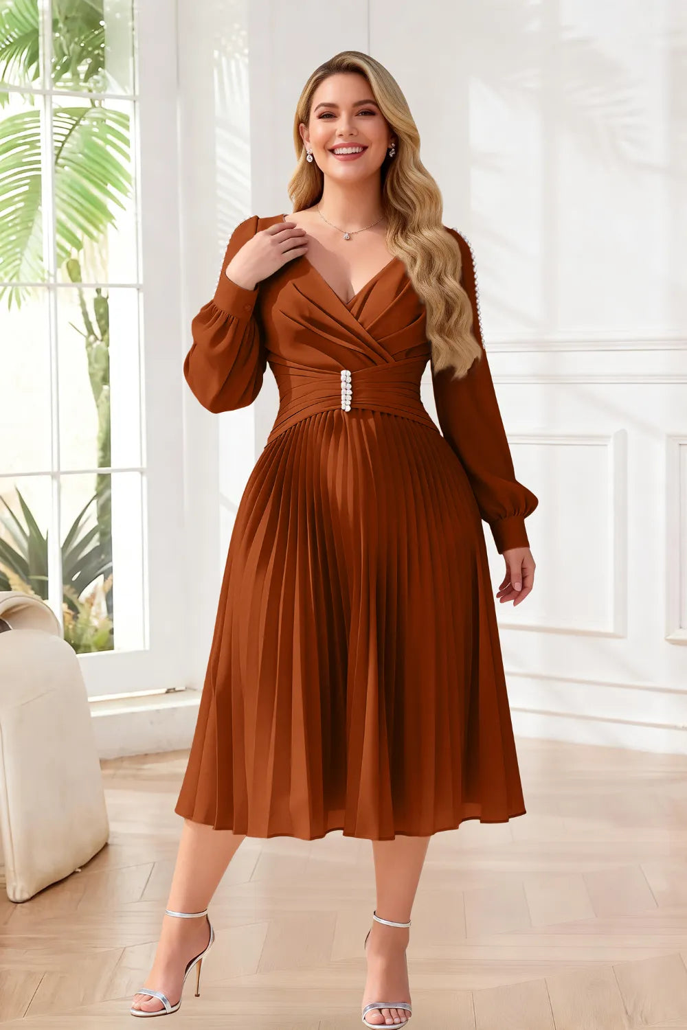Elegant Pearl-Trim Pleated Midi Dress