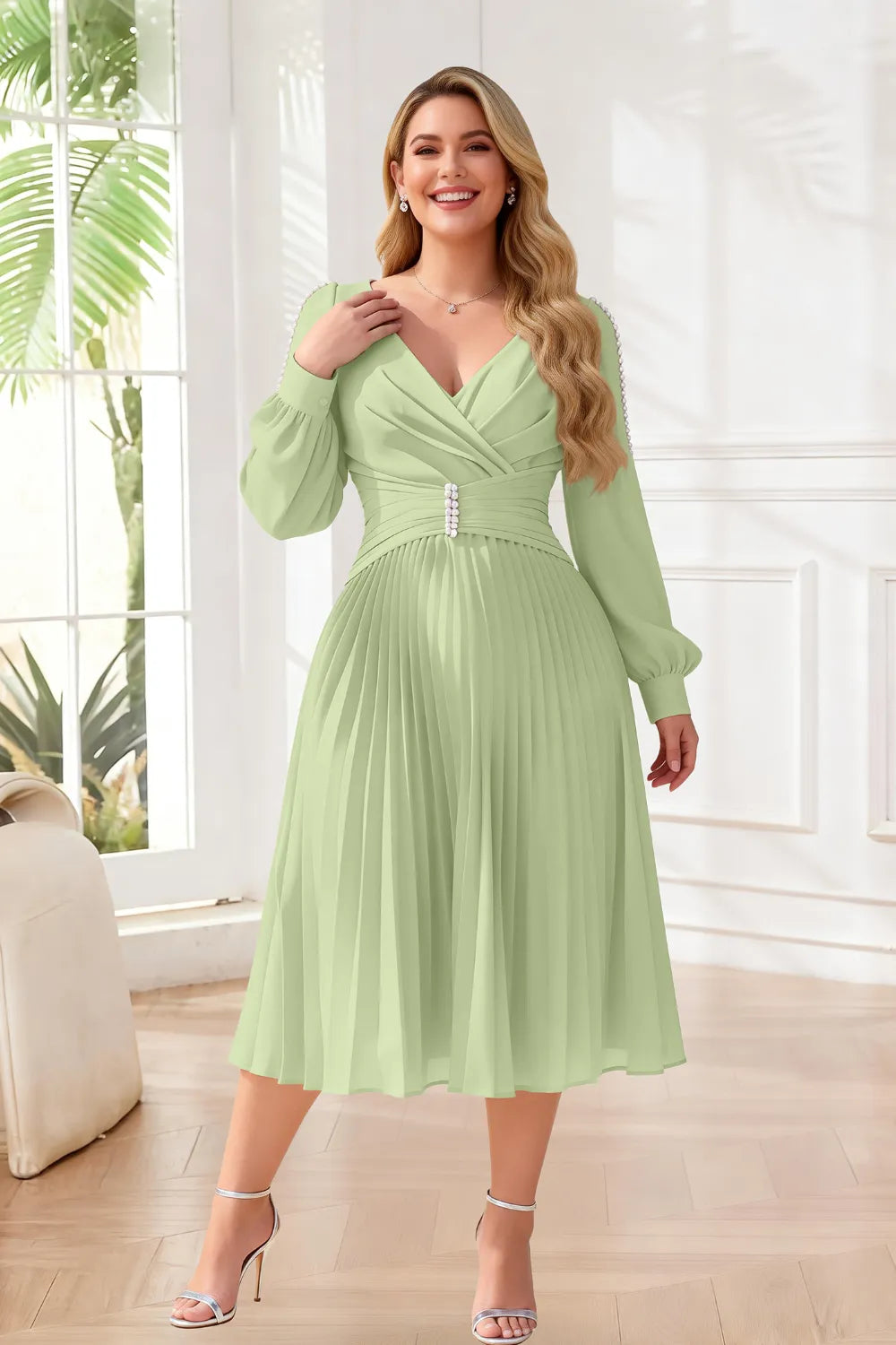 Elegant Pearl-Trim Pleated Midi Dress