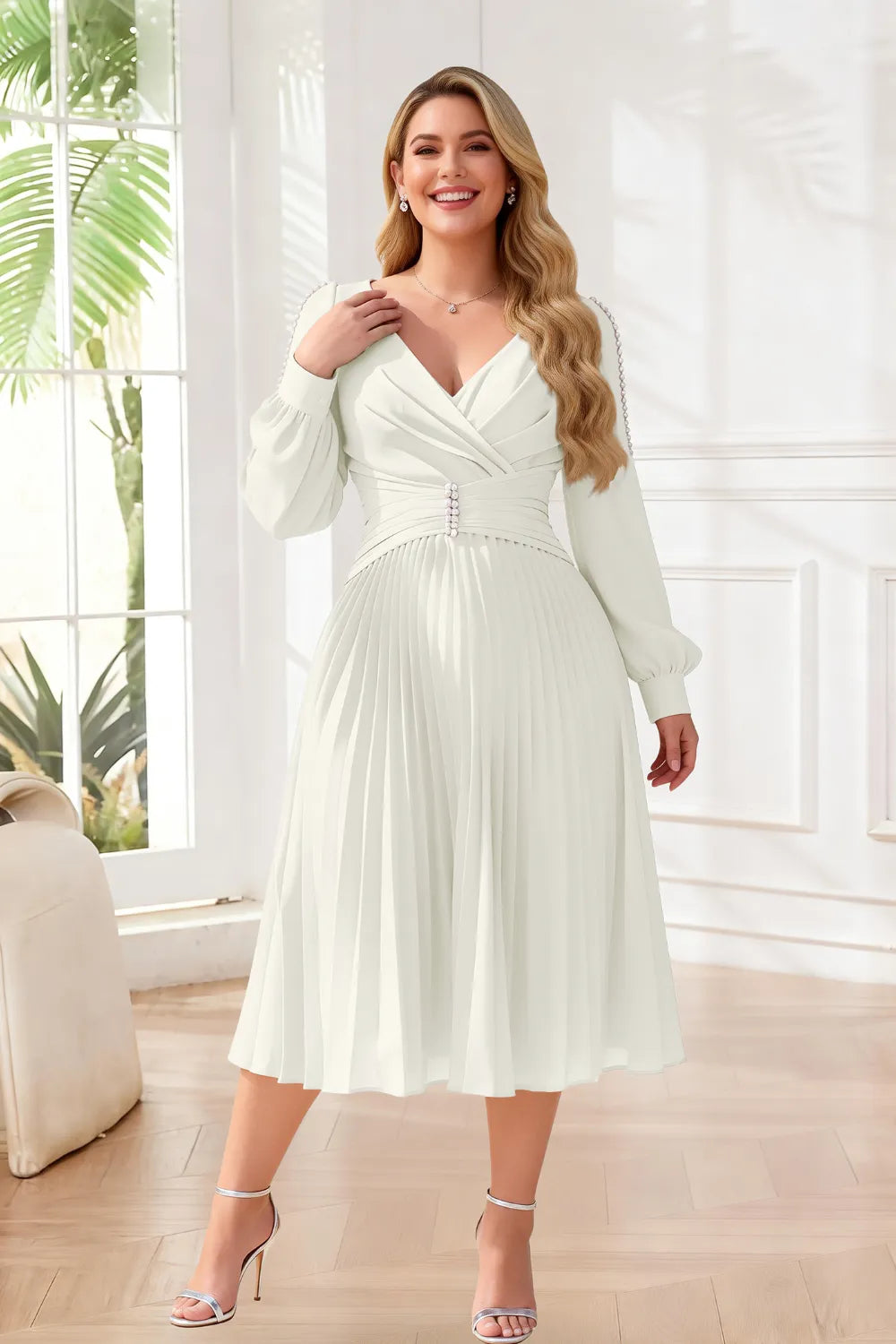 Elegant Pearl-Trim Pleated Midi Dress