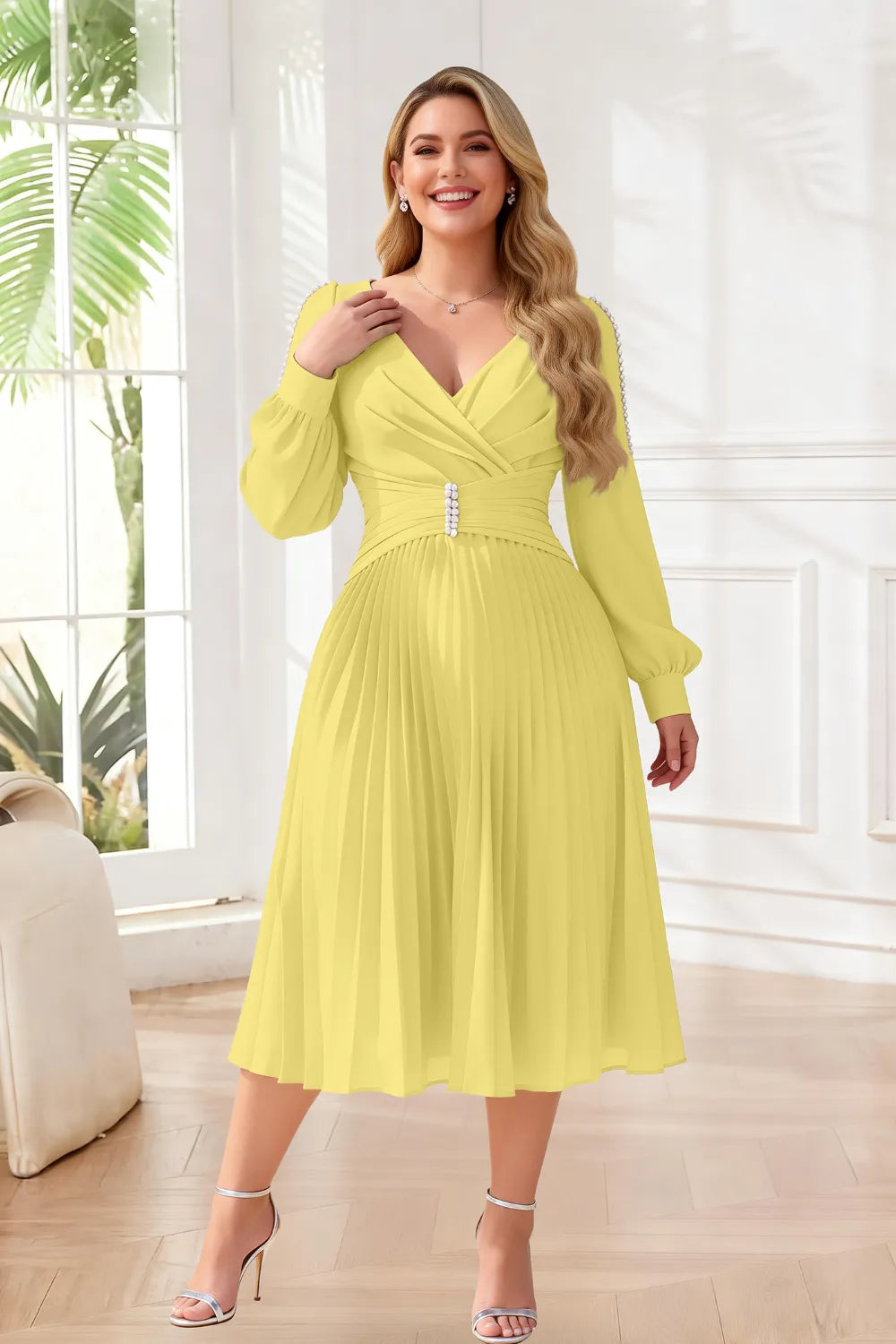 Elegant Pearl-Trim Pleated Midi Dress