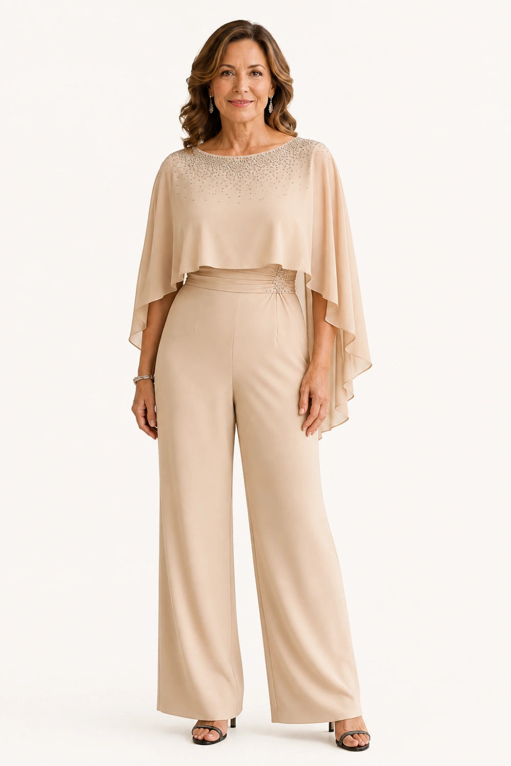 Embellished Cape Overlay Wide-Leg Pant Suit