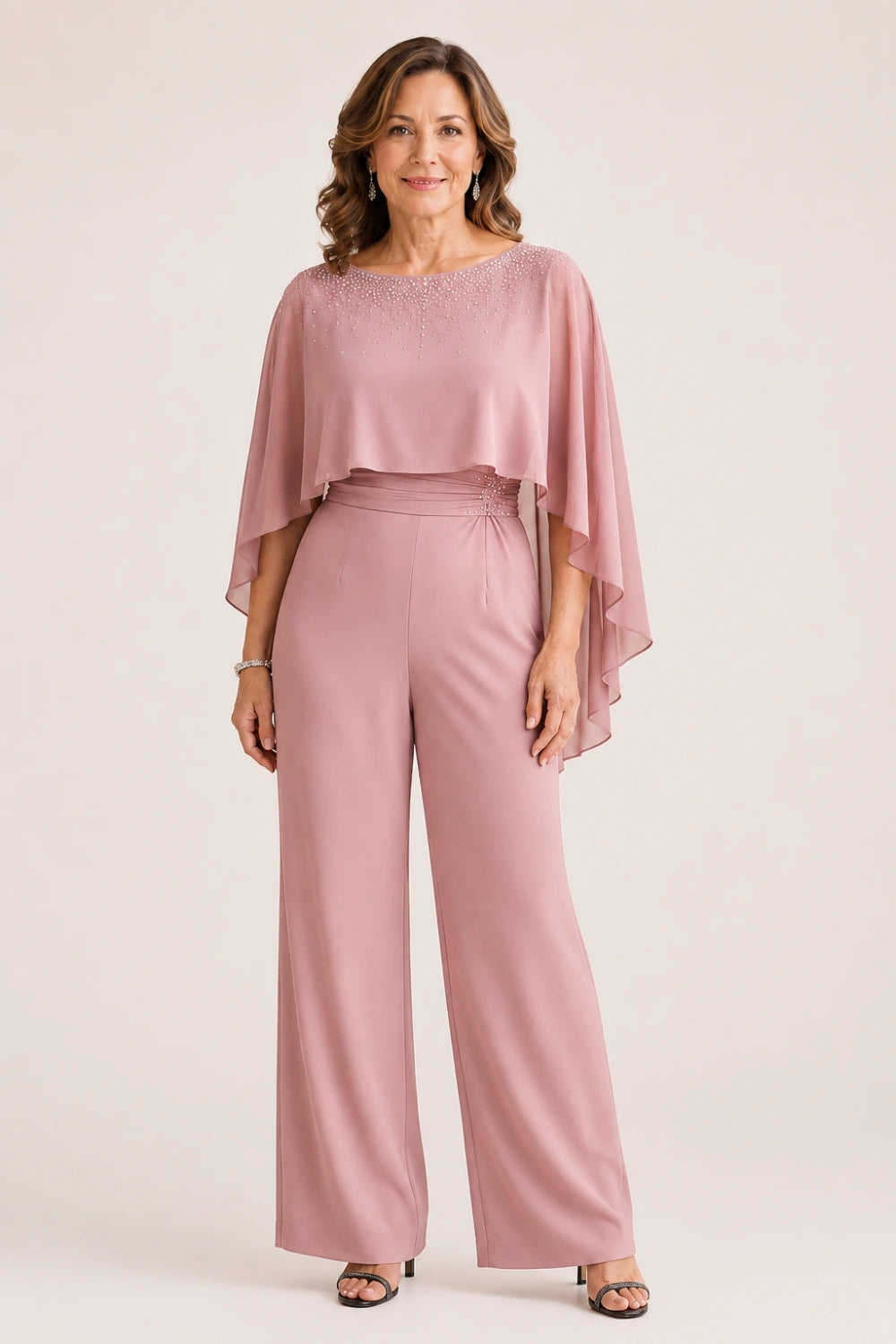 Embellished Cape Overlay Wide-Leg Pant Suit