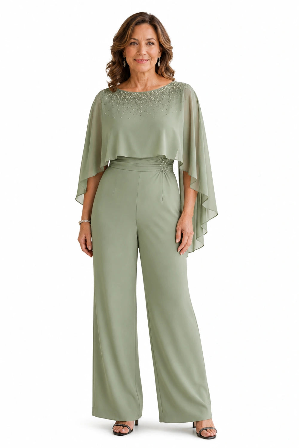 Embellished Cape Overlay Wide-Leg Pant Suit